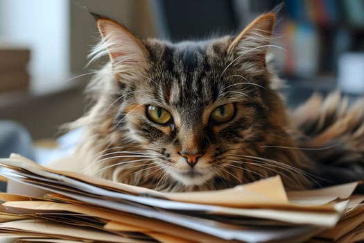 cat in an office, overwhelmed by a mountains of paperwork. Neural network generated in January 2024. Not based on any actual scene or pattern.