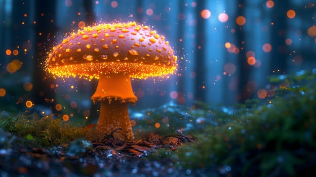 Magical mushroom in fantasy enchanted fairy tale forest. Neural network generated in January 2024. Not based on any actual scene or pattern.