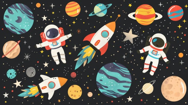 wallpaper of space adventure with adorable astronauts rockets and planets, Cute galaxy.