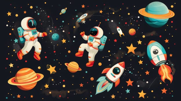wallpaper of space adventure with adorable astronauts rockets and planets, Cute galaxy.