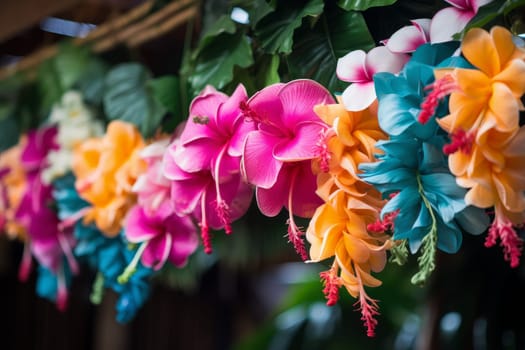 Exotic Hawaii garland flowers. Tropical vacation. Generate Ai