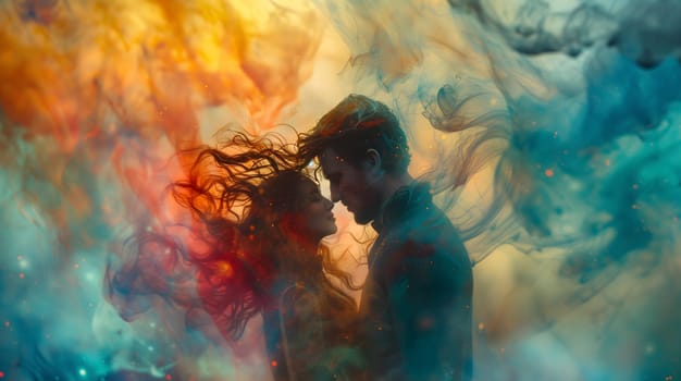 Man and woman embracing in surreal, colorful liquid fantasy dreamscape. Neural network generated image. Not based on any actual person or scene.