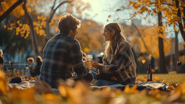 A loving couple on a date on a picnic on the lake. Young man and woman sit on a blanket with wine and fruits near the water in the park in autumn. A young family is celebrating an anniversary. High quality photo