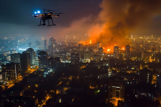 Copter drone over burning city at night. Neural network generated image. Not based on any actual scene or pattern.