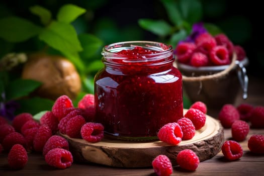 Fragrant Homemade raspberry jam. Fruit food. Generate Ai