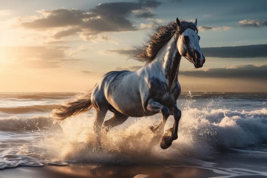 Majestic Horse galloping seaside. Summer running. Generate Ai