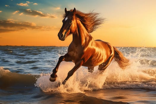 Swift Horse galloping seaside. Summer running. Generate Ai