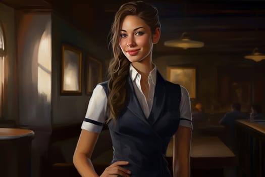 Distinctive Hostess uniform. Model young woman. Generate Ai
