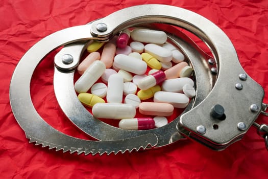 Metal handcuffs and pills. Drugs and illegal medicines concept.