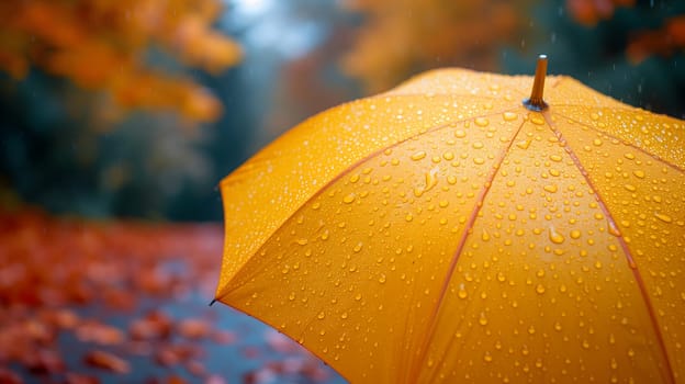 Close up, yellow umbrella under rainfall against a background of autumn leaves. Concept of rainy weather. Neural network generated image. Not based on any actual scene or pattern.