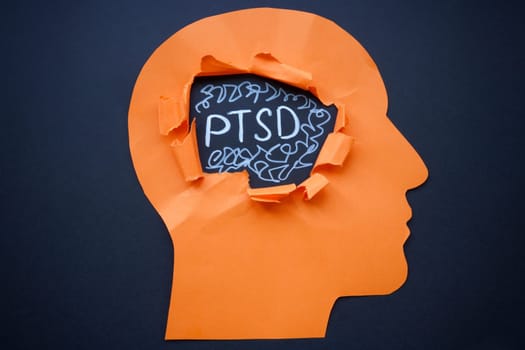 Torn paper head and word PTSD Post Traumatic Stress Disorder.