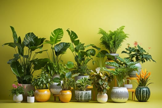 Attractive Houseplants ceramic pots. Tropical leaves. Generate Ai