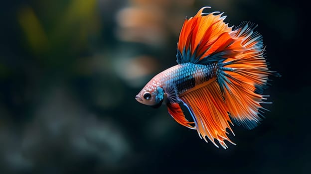 A vibrant betta fish, with colorful fins and tail, gracefully swims underwater among plants, its eye catching the sunlight as it moves like a beautiful pollinator in the marine biology world
