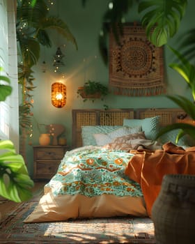 A cozy bedroom with a comfortable bed, nightstand, lamp, and plants to create a relaxing atmosphere. The wood accents, soft pillow, and artistic decor make it a peaceful retreat