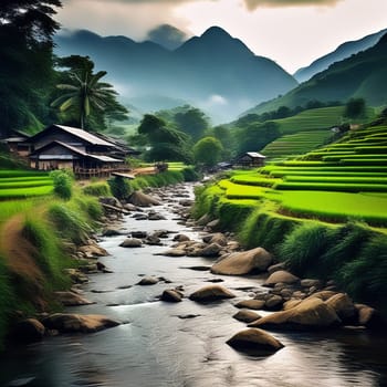 Wet Vietnam Mountain Stream Flows Through Rural Landscape