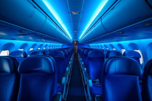 Unoccupied Empty aircraft blue interior light. People chair. Generate Ai