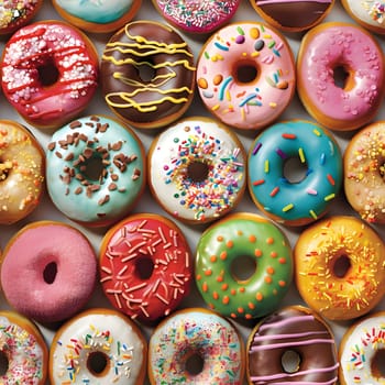 Seamless texture and pattern of colorful glazed doughnuts with high angle view. Neural network generated image. Not based on any actual scene or pattern.