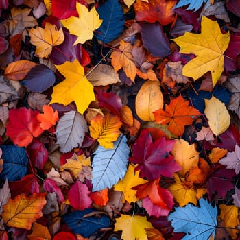 Seamless texture and background of colorful fallen autumnal leaves. Neural network generated image. Not based on any actual scene or pattern.