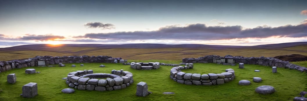 A mysterious and ancient stone circle nestled in a remote moorland, with the setting sun casting long shadows over the weathered monoliths