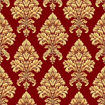 Seamless texture of red and gold damask pattern. Neural network generated image. Not based on any actual scene or pattern.