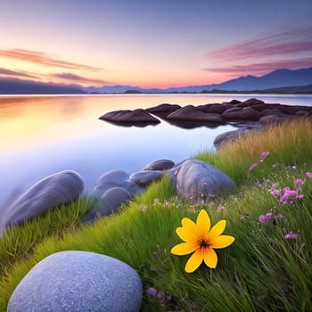 Inspirational Nature. A serene landscape photograph of a peaceful meadow at sunrise with a single flower resting on a rock or in the grass to convey a sense of tranquility and inner strength.