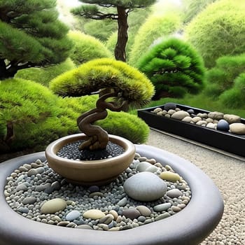 Mindfulness Moment. Capture the essence of mindfulness and meditation by photographing a zen garden with carefully arranged pebbles, a miniature bonsai tree, and a tranquil water fountain to evoke a sense of peace and balance.