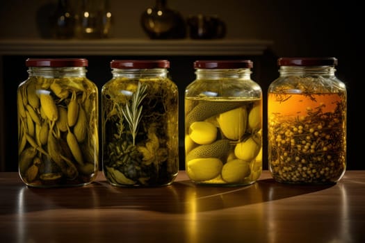 Aromatic Jar olive oil. Greek fresh salad. Generate Ai