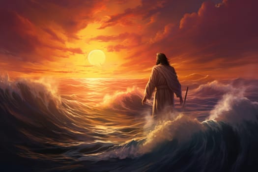 Sacred Jesus sea sunset. Sea sun heaven. Generate Ai