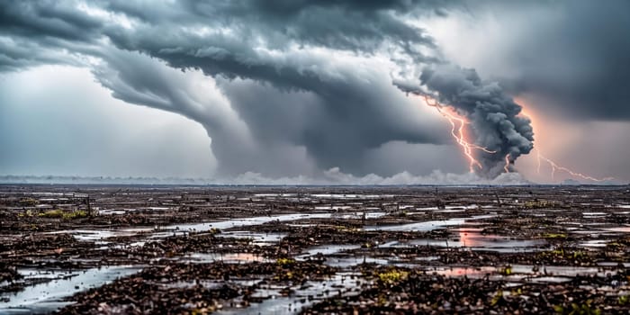 The raw power of a tornado by focusing on its twisting motion as it ravages the landscape, showcasing its destructive force amidst a barren field. Panorama