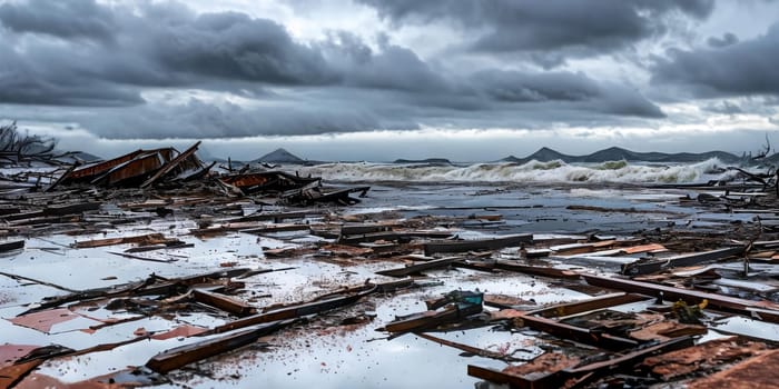 The aftermath of a powerful tsunami with debris scattered across a coastal area, emphasizing the sheer scale of destruction caused by the relentless waves. Panorama