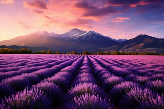 Lush Lavender field mountains. Spring nature sky. Generate Ai
