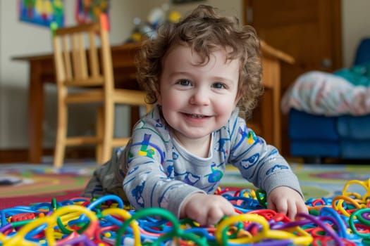 A young child laughs joyously during an early intervention play session, surrounded by educational toys. The bright room setting underscores the joy and vibrancy of early education.