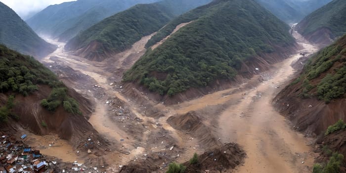 The aftermath of a massive landslide in a mountainous region, highlighting the chaotic debris flow and devastation left in its wake. Panorama