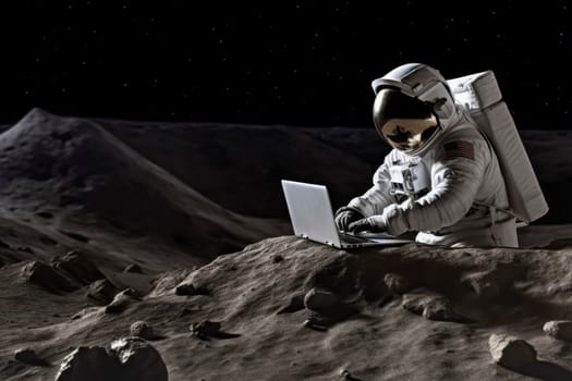 An astronaut in full gear typing on a laptop on the moon's rocky terrain.