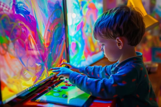 A young boy with autism is absorbed in a tactile sensory activity, using his hands to explore and create. The vibrant colors highlight the sensory stimulation and learning experience