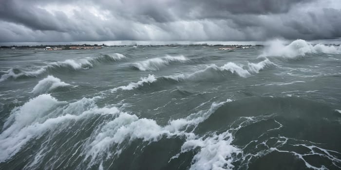 The power of a destructive hurricane by capturing the immense storm surge flooding coastal areas, showcasing the relentless force of nature's wrath. Panorama