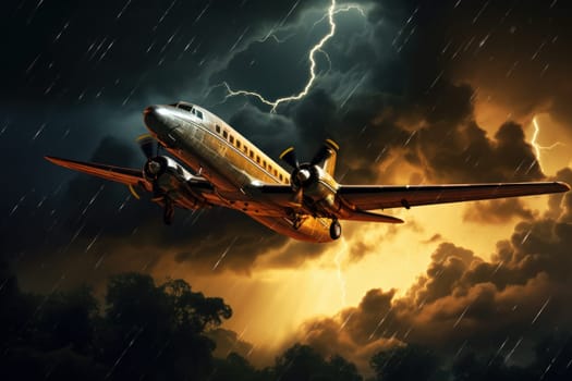 Dramatic Lightning storm plane. Airline jet travel. Generate Ai