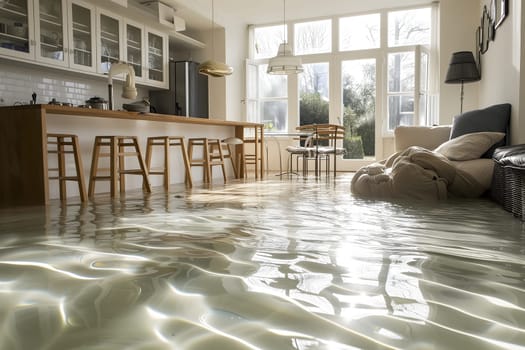 Home Floor Flooded, Showcasing Water Damage And Potential Issues. Neural network generated image. Not based on any actual scene or pattern.