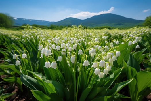 Fresh Lily valley blooming field. Season flower. Generate Ai