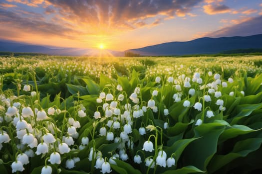 Fragrant Lily valley blooming field. Season flower. Generate Ai