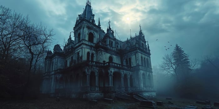 Gothic Castle in Twilight with Eerie Atmosphere Surrounded by Bare Trees and Mist.