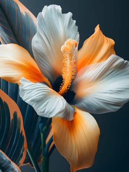 A closeup of a peach Hawaiian hibiscus flower with white and orange petals, showcasing the intricate details of the pollen and leaves in the background