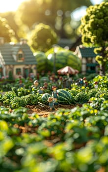 A miniature village nestled in a natural landscape with watermelons growing in a field, surrounded by lush green grass and various terrestrial plants