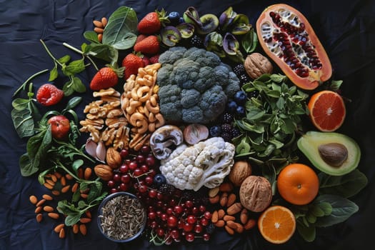 Assortment of fruits and nuts arranged in a brain shape on a dark background, symbolizing healthy brain food with copy space. Concept for nutrition and cognitive health