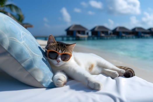 happy domestic cat with sunglasses laid on tropical beach, vacation theme. Neural network generated image. Not based on any actual person or scene.
