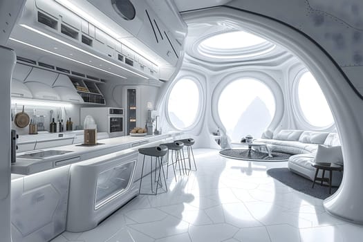 futuristic clean white space station style interior of kitchen room. Neural network generated image. Not based on any actual scene or pattern.