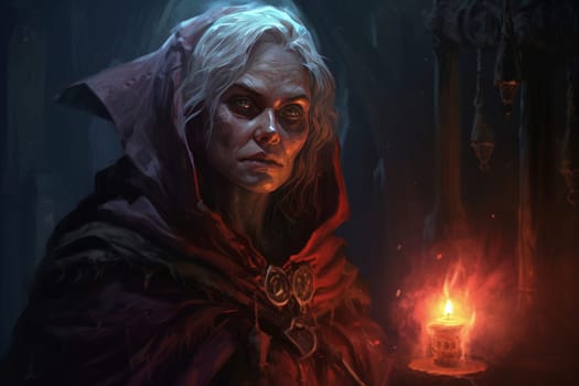 Wise Mage old woman fantasy dungeon. Digital magic. Generate Ai