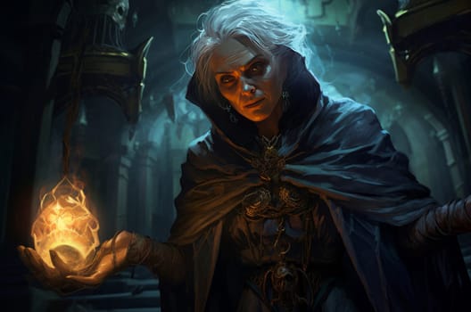 Spellbinding Mage old woman fantasy dungeon. Digital magic. Generate Ai