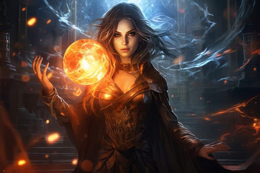 Fearsome Mage woman fantasy dungeon. Magic power. Generate Ai