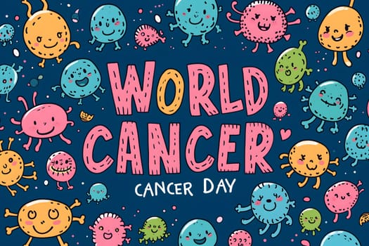 Simple cartoon world cancer day background with the inscription on it, surrounded with colorful happy tumors. Neural network generated image. Not based on any actual scene or pattern.